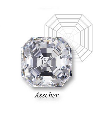 An example of an asscher-cut diamond in front of a geometric mockup of the shape's structure with an heart label underneath.