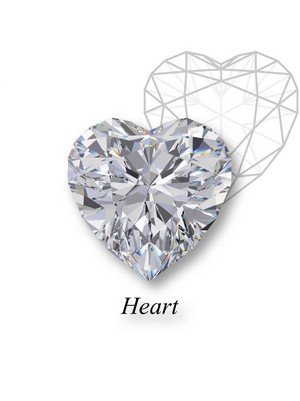 An example of an heart-cut diamond in front of a geometric mockup of the shape's structure with an heart label underneath.