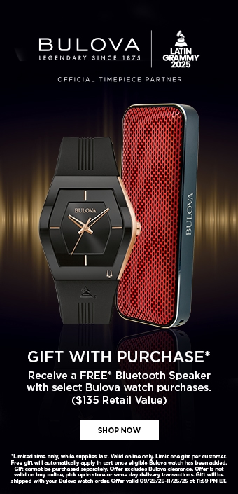 Bulova. Receive a free* bluetooth speaker with select Bulova watch purchases ($135 retail value). Limited time only, while supplies last. Valid online only. Limit one gift per customer. Free gift will automatically apply in cart once eligible Bulova watch has been added. Gift cannot be purchased separately. Offer excludes Bulova clearance. Offer is not valif to buy online, pick up in store or same day delivery transactions. Gift will be shipped with your Bulova watch order. Offer valid 9/29/25 to 11/25/25 at 11:59PM ET.
