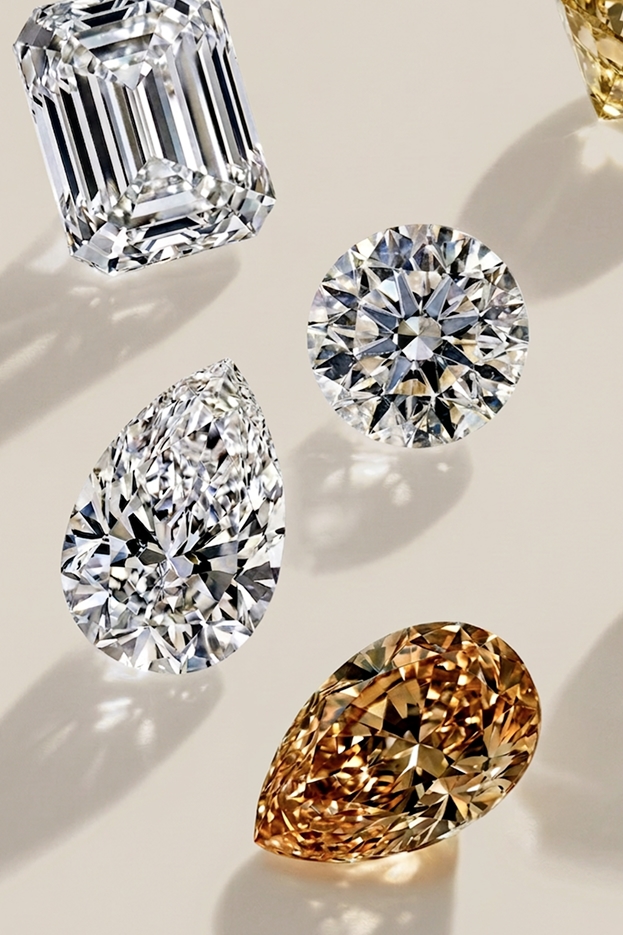 A various assortment of different colored diamonds.