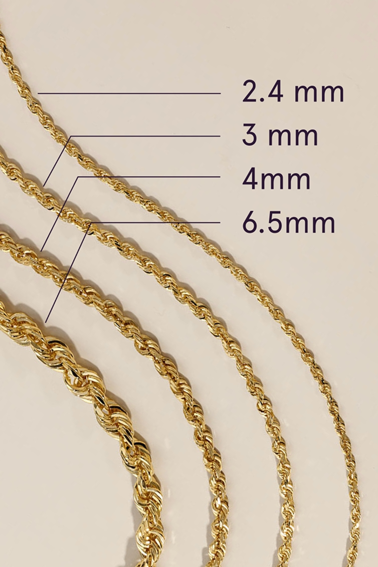 Four examples of different gold chain widths.