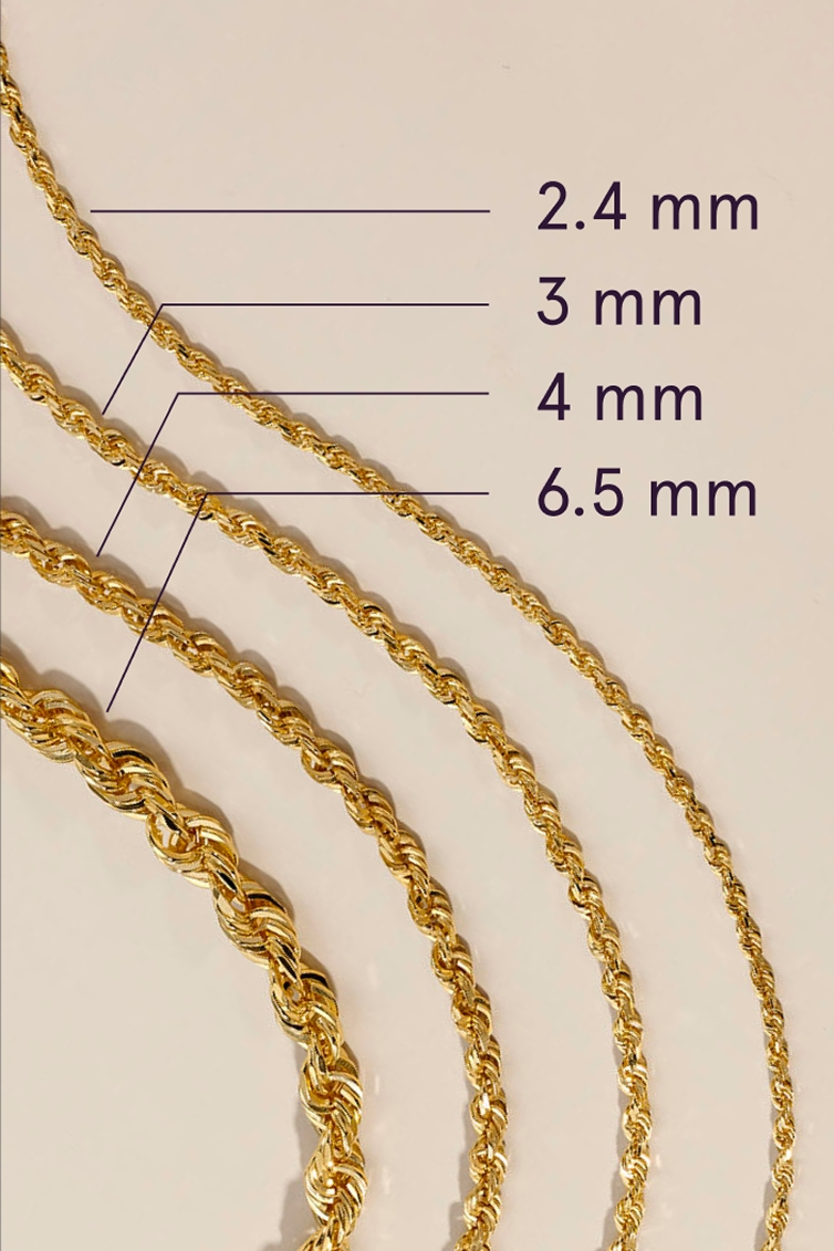 Four examples of different gold chain widths.