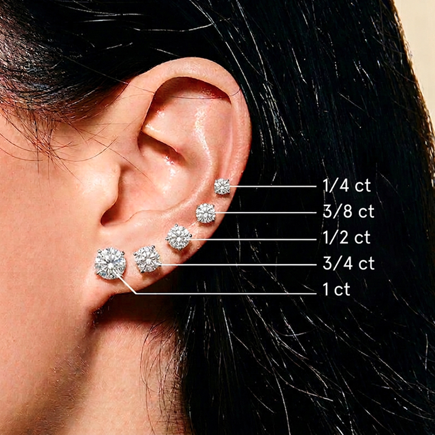 A model wearing five different diamond stud earrings, showing their difference in size.