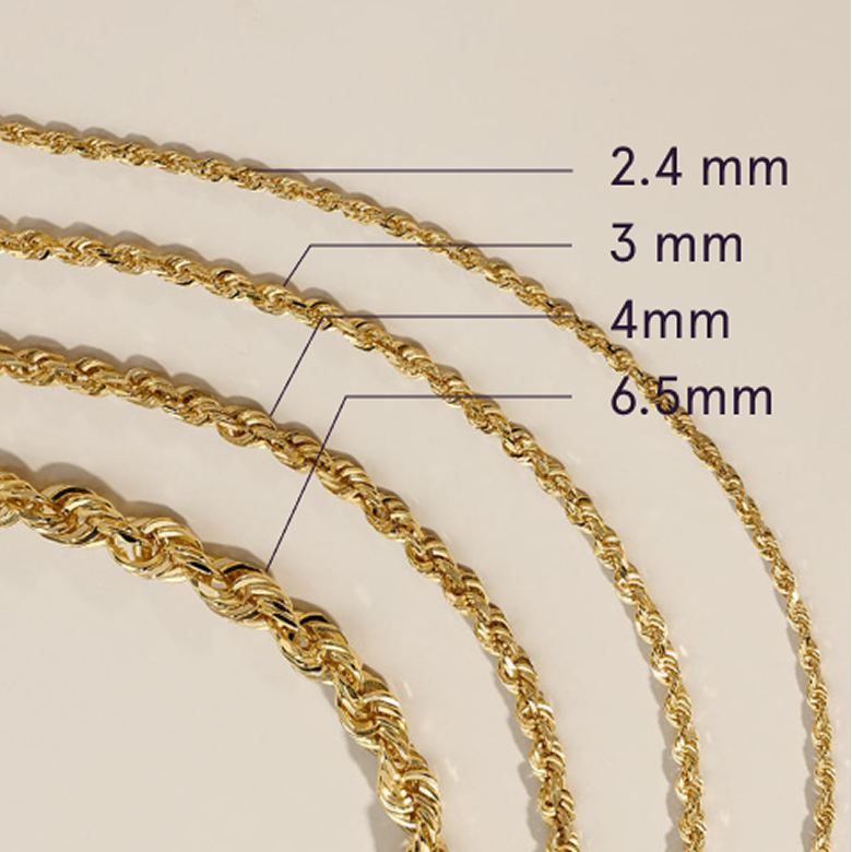 Multiple gold chains that show the difference in chain width.
