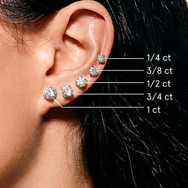 A model wearing five different sized diamond, stud earrings.