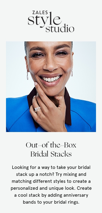 Out-of-the-Box Bridal Stacks: Looking for a way to take your bridal stack up a notch? Try mixing and matching different styles to create a personalized and unique look. Create a cool stack by adding anniversary bands to your bridal rings.