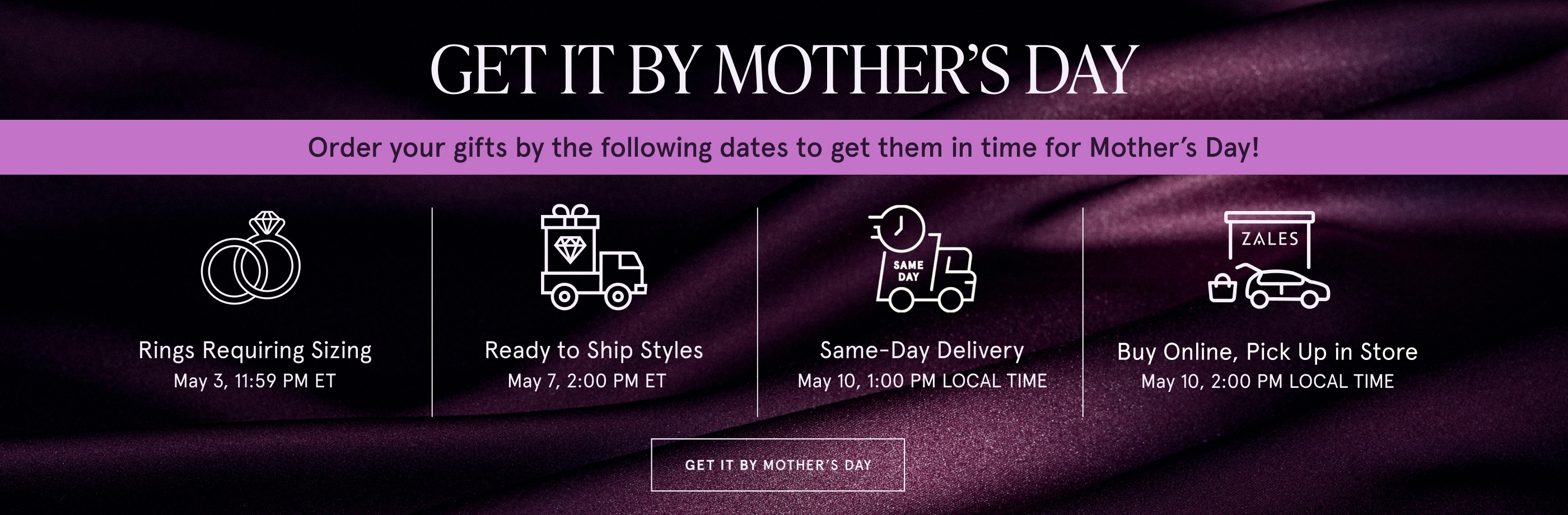 Get it by Mother's Day. Order your gifts by the following dates to get them in time for Mother's Day! Ready to Ship Styles - May 7, 2 PM ET